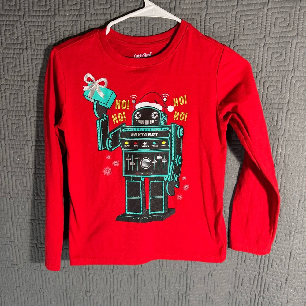 Cat & Jack T-Shirt Boys Size Medium 8/10 Red Robot Christmas Long Sleeve